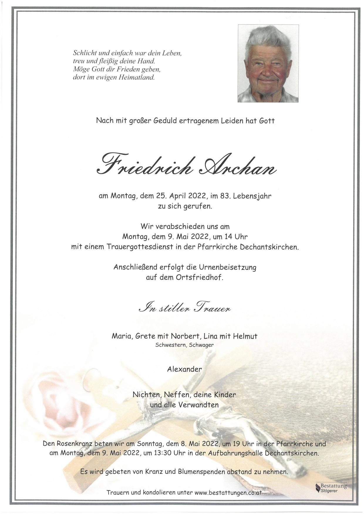 Traueranzeige von Friedrich Archan