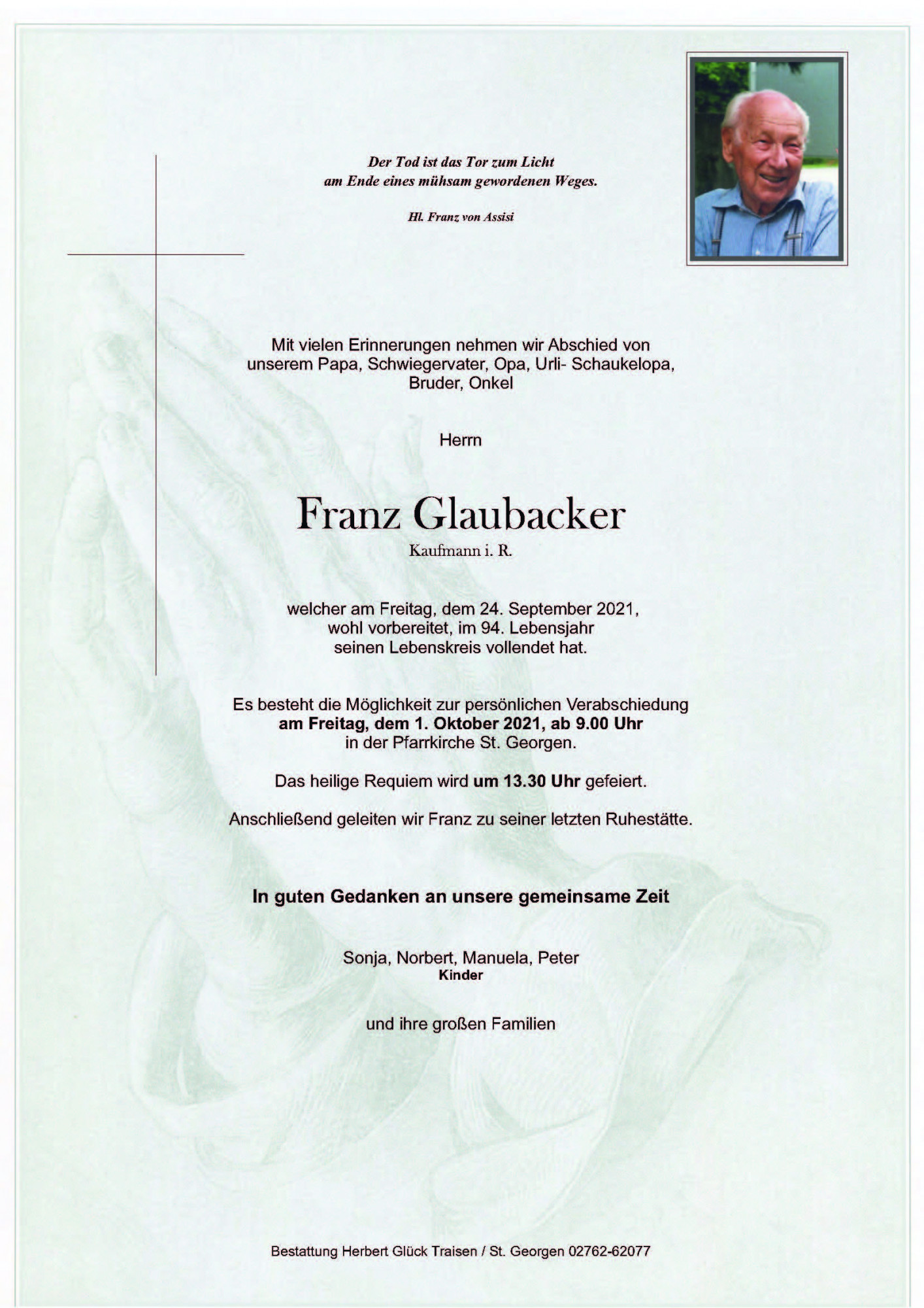 Traueranzeige von Franz Glaubacker