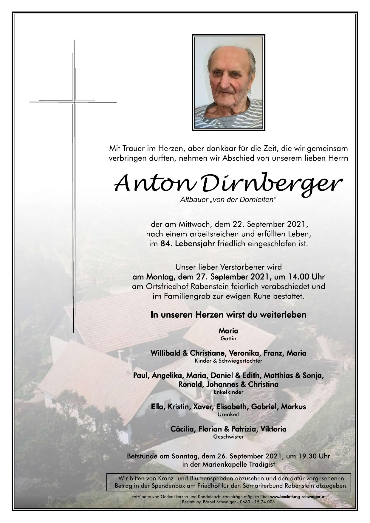 Traueranzeige von Anton Dirnberger