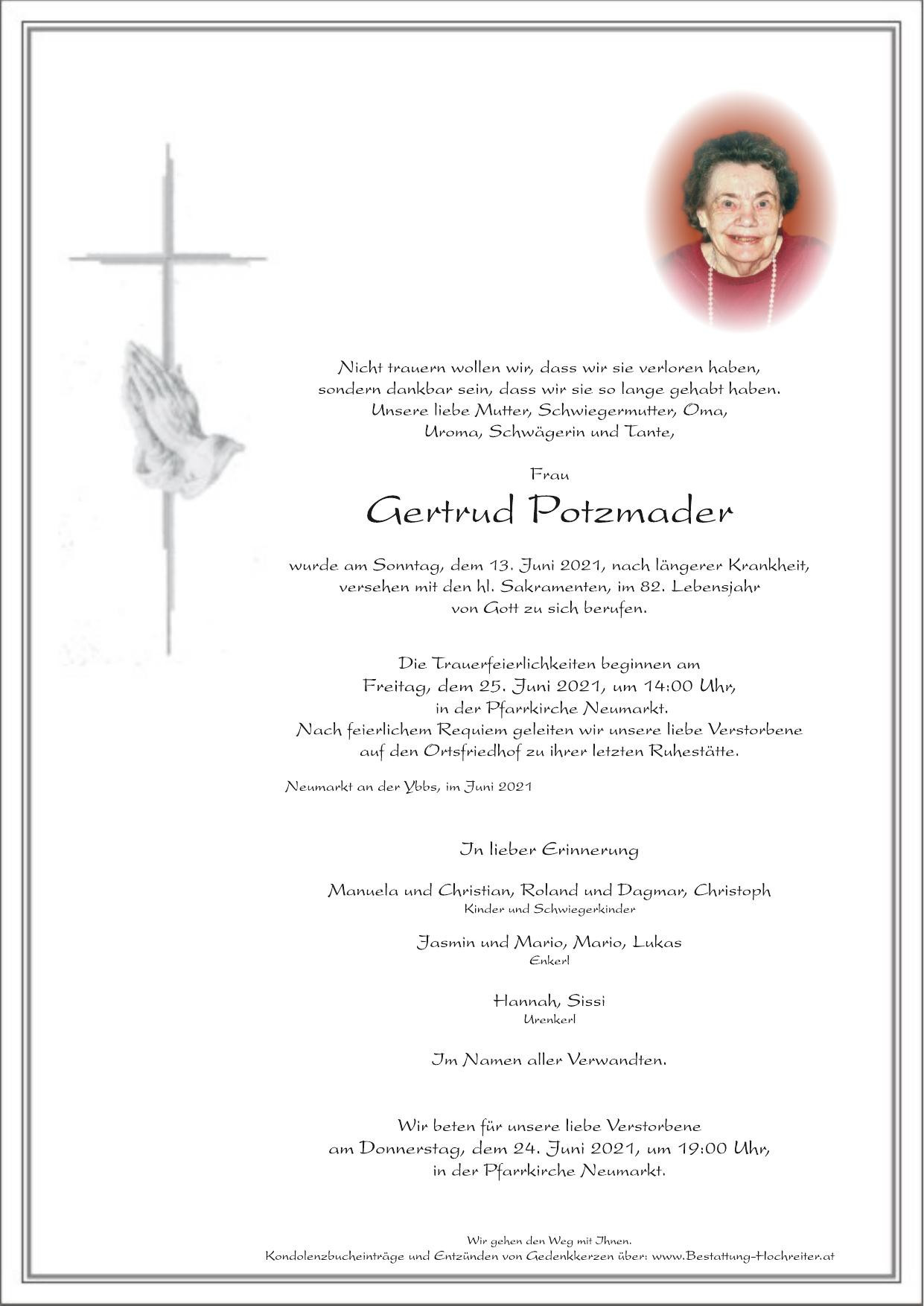 Traueranzeige von Gertrud Potzmader