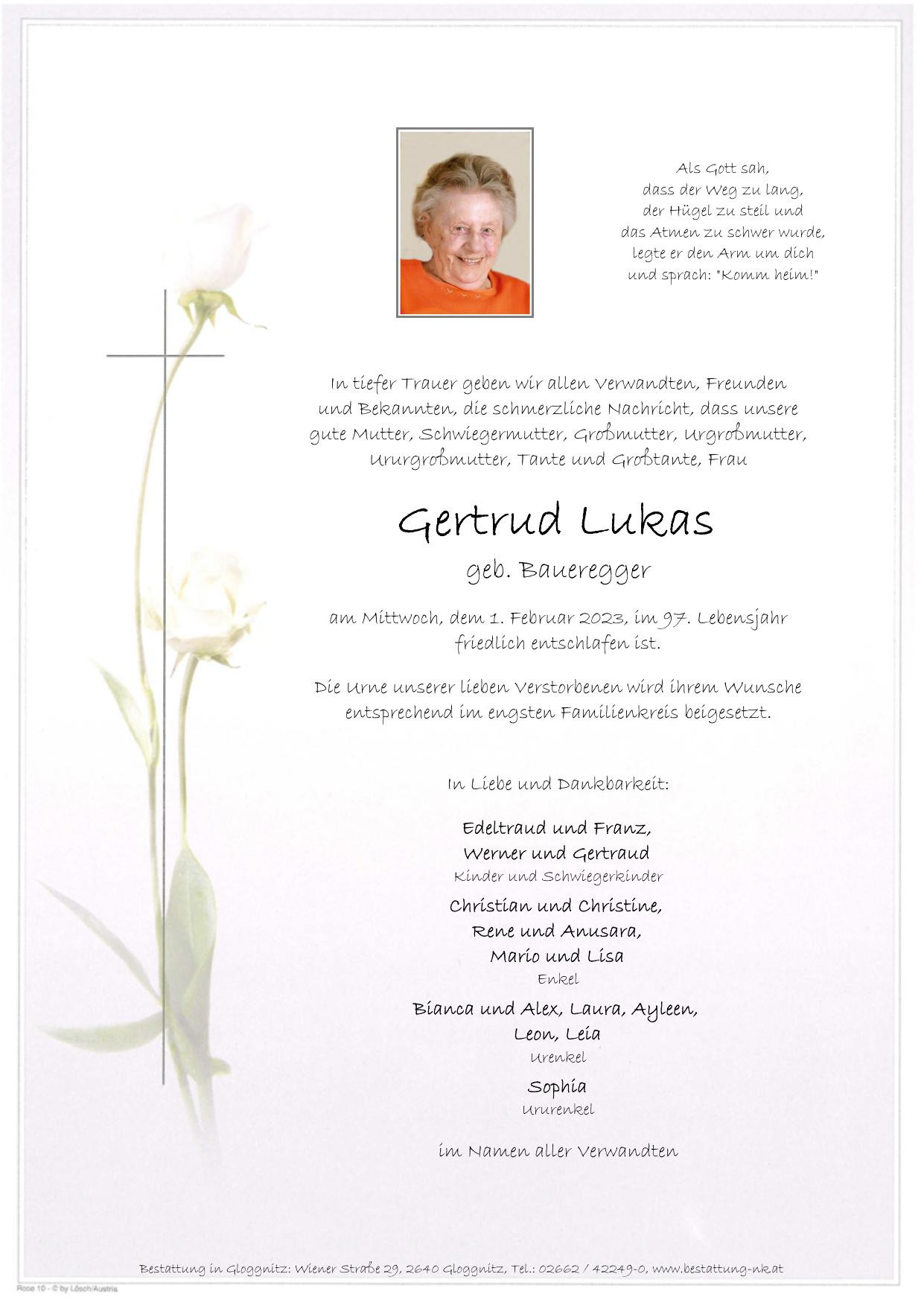 Traueranzeige von Gertrud Lukas