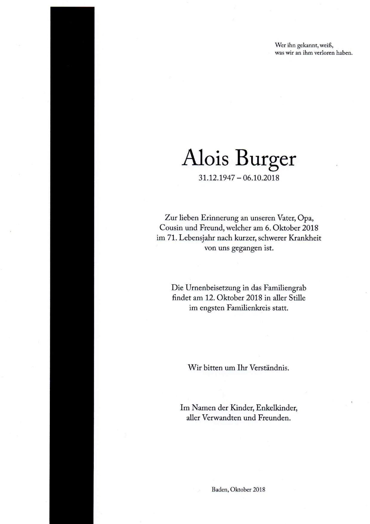 Traueranzeige von Alois Burger