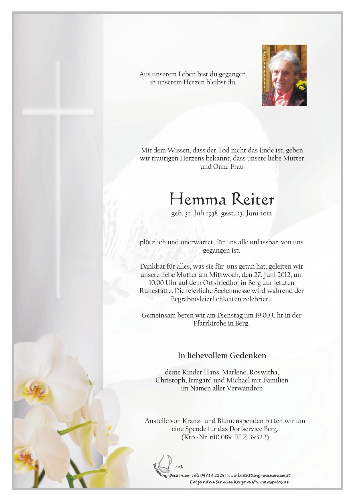 Traueranzeige von Hemma Reiter