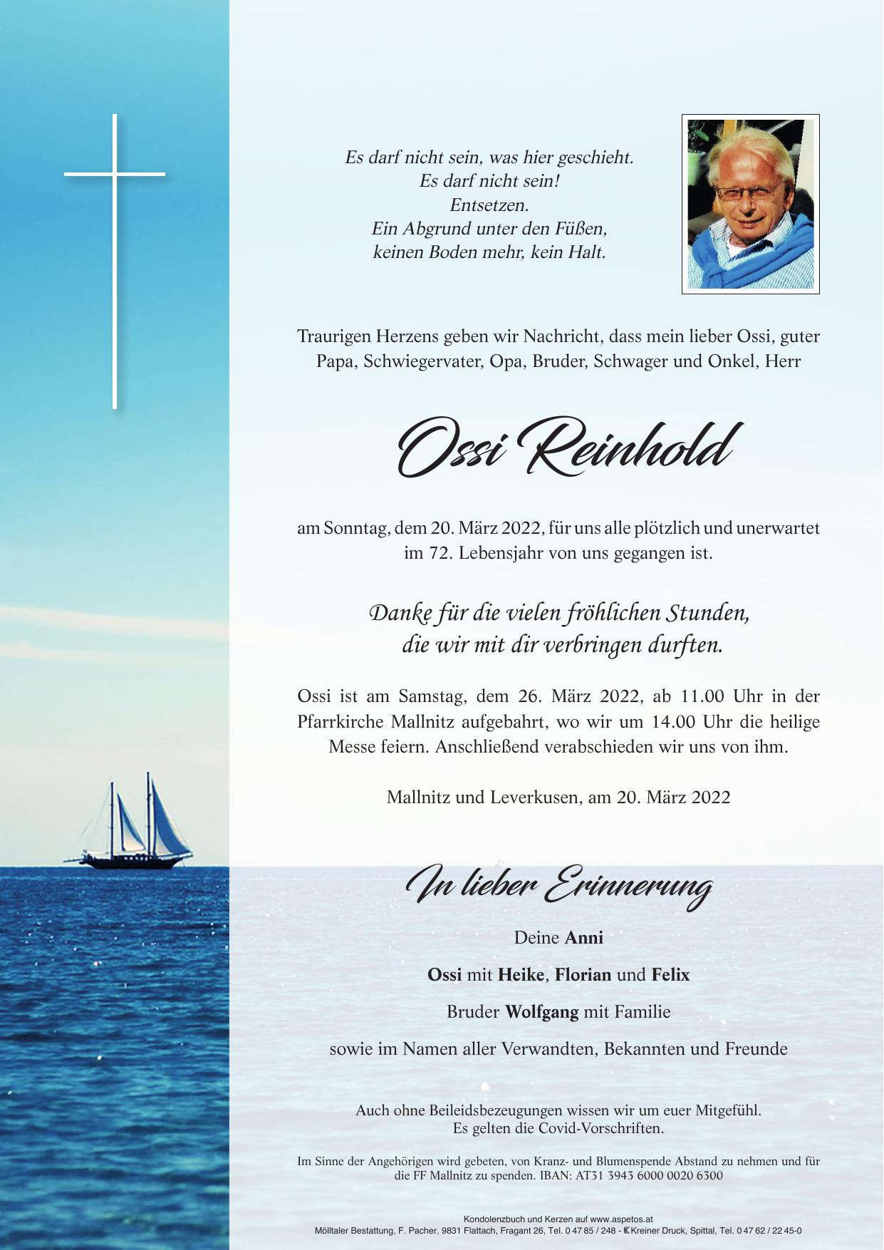 Traueranzeige von Oswald Reinhold