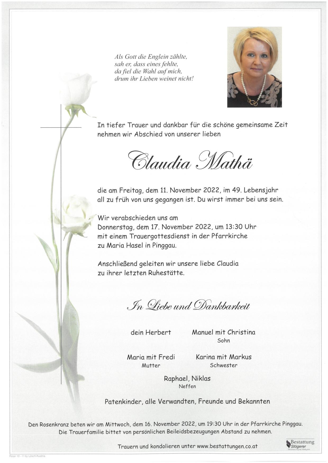 Traueranzeige von Claudia Mathä