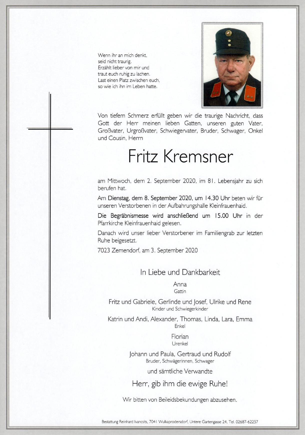 Traueranzeige von Friedrich Kremsner