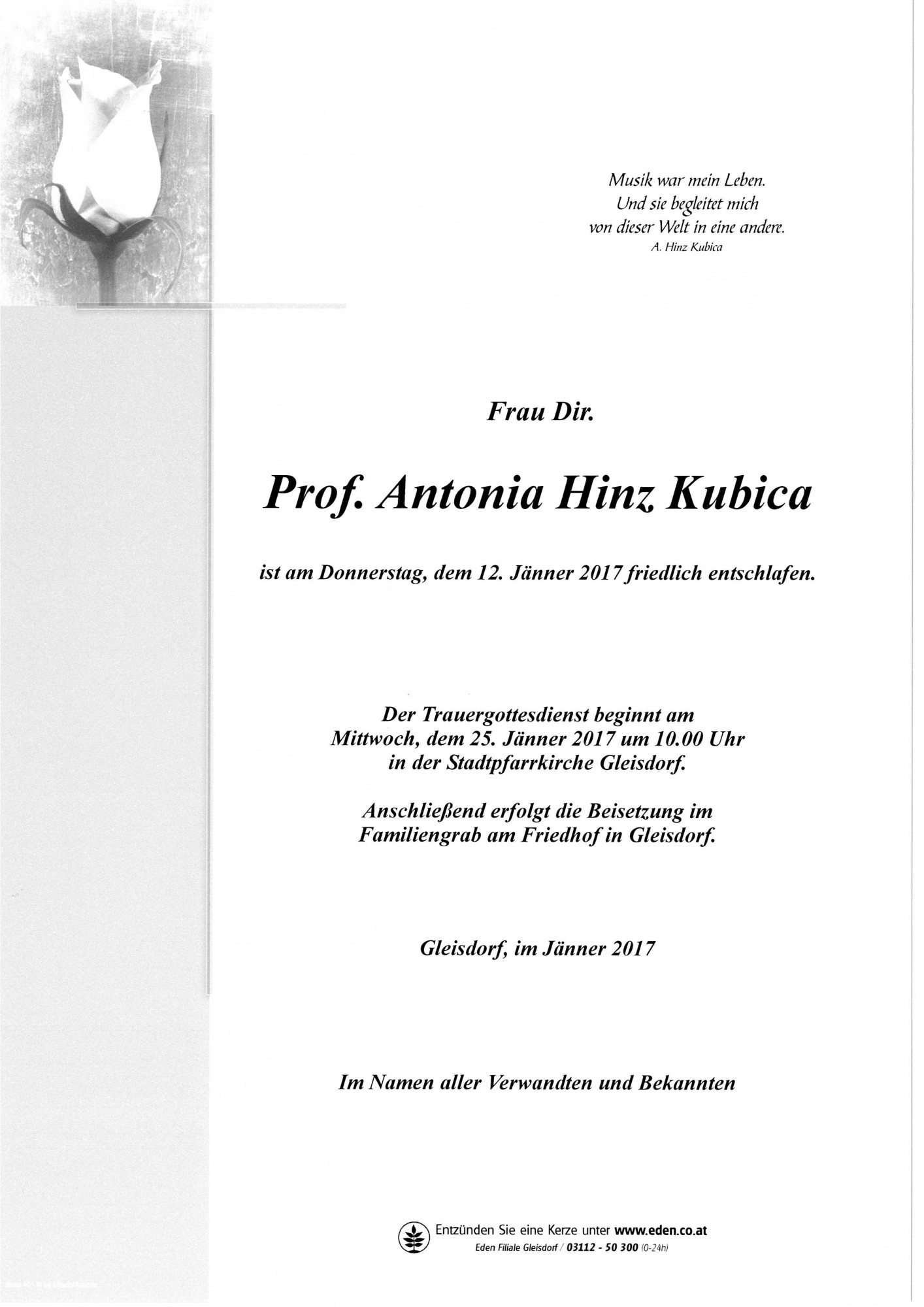 Traueranzeige von Prof Antonia Hinz Kubica
