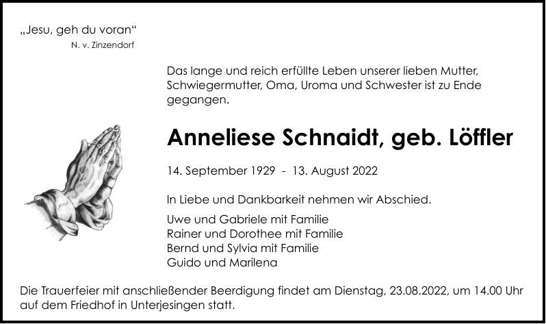 Traueranzeige von Anneliese Schnaidt