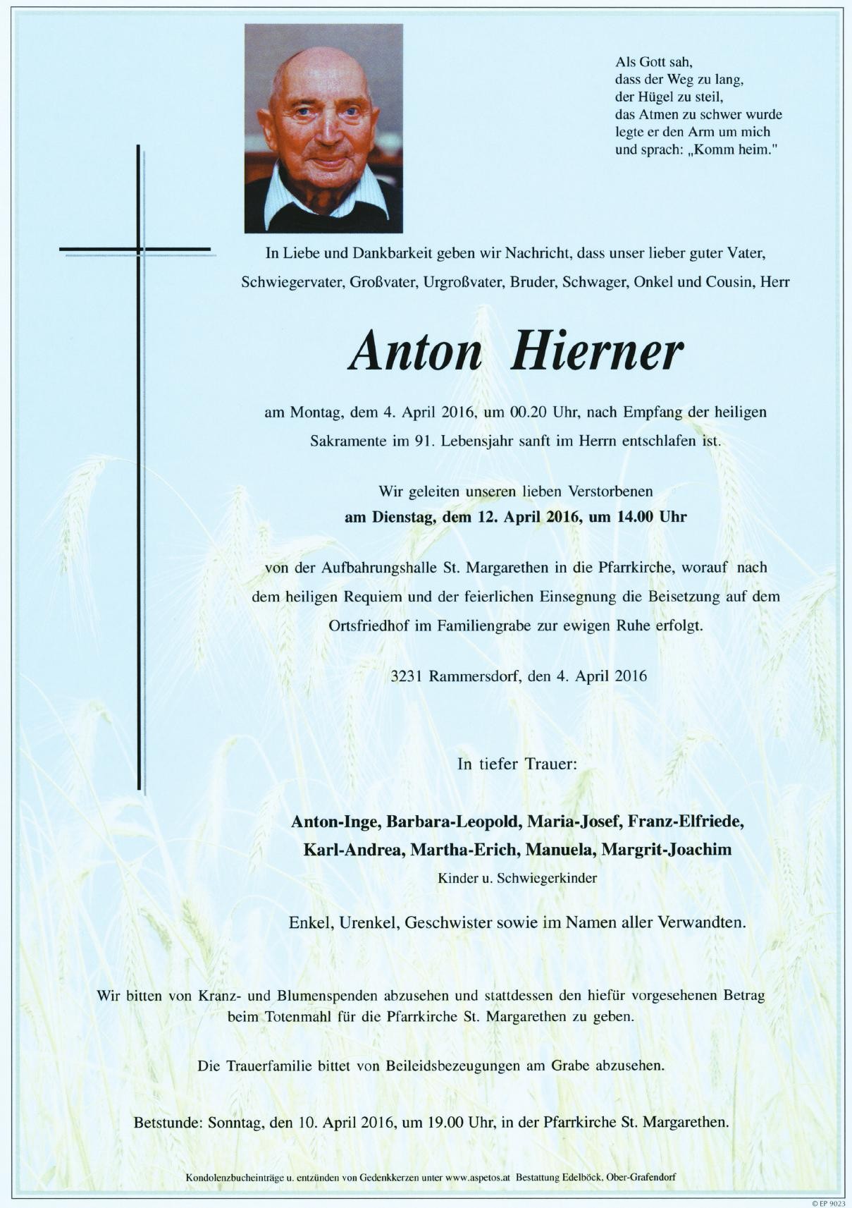 Traueranzeige von Anton Hierner