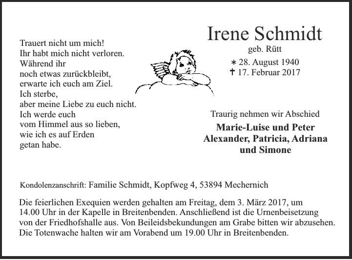 Traueranzeige von Irene Schmidt