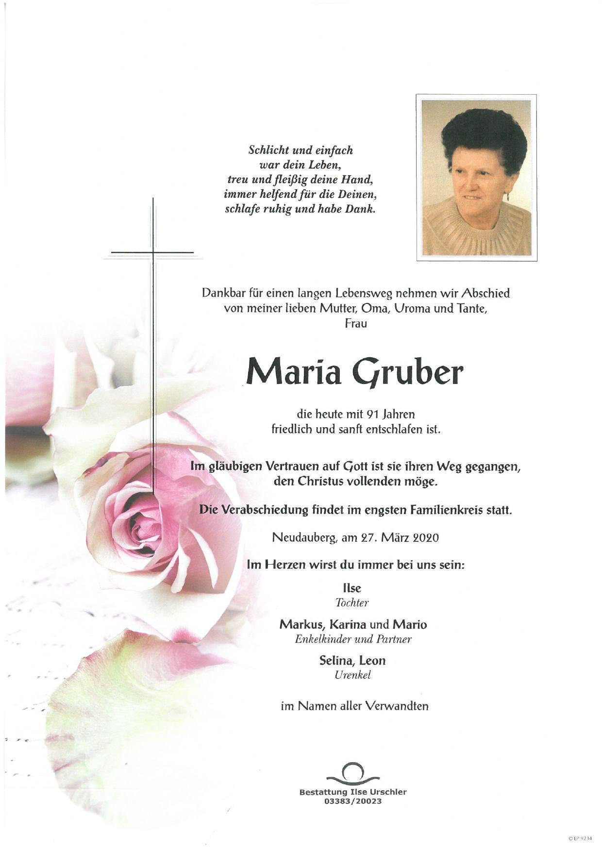 Traueranzeige von Maria Gruber