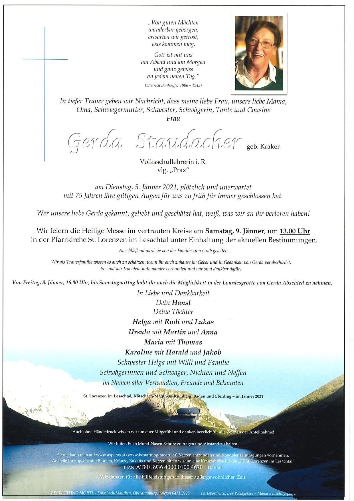 Traueranzeige von Gerda Staudacher