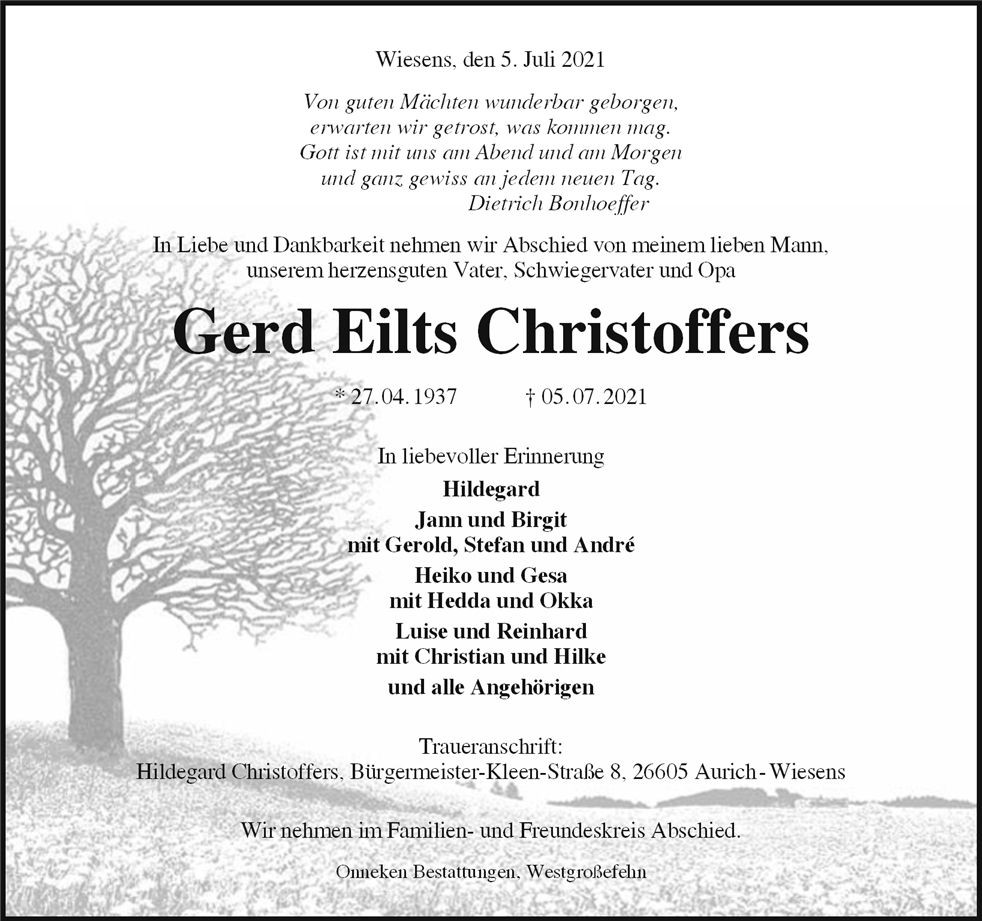 Traueranzeige von Gerd Christoffers