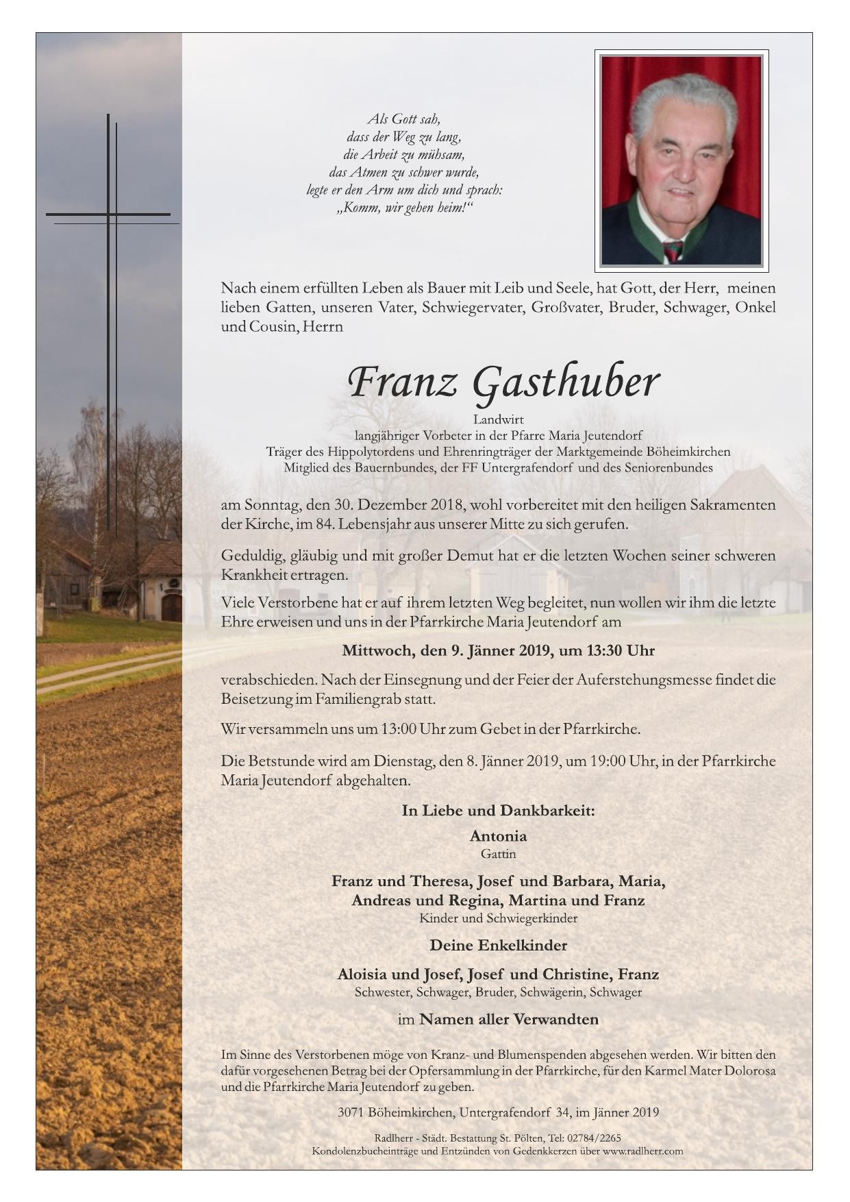 Traueranzeige von Franz Gasthuber