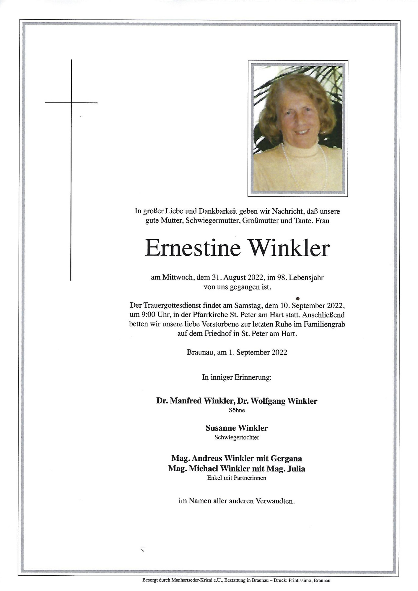 Traueranzeige von Ernestine Winkler