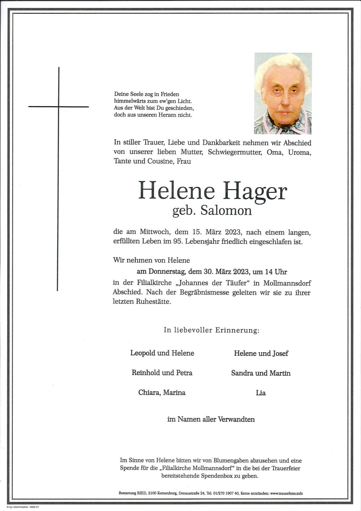 Traueranzeige von Helene Hager