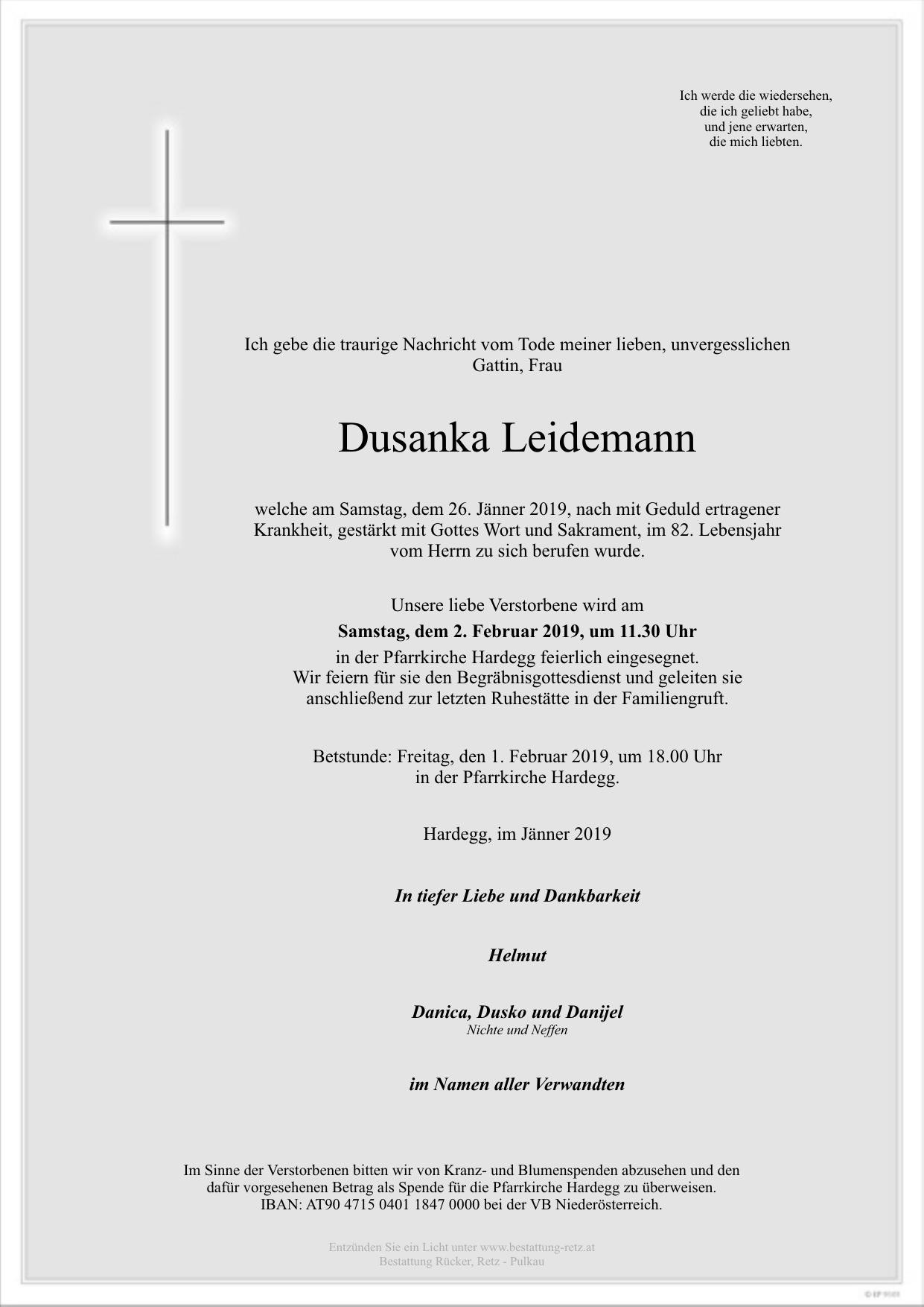 Traueranzeige von Dusanka Leidemann