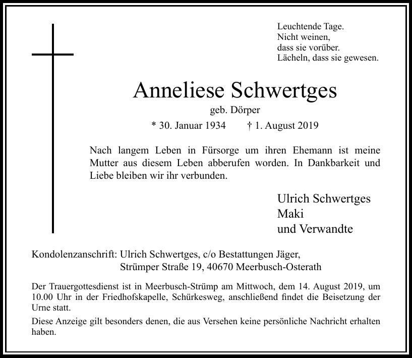 Traueranzeige von Anneliese Schwertges