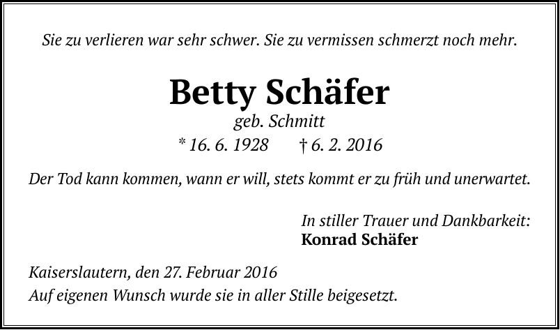 Traueranzeige von Betty Schäfer