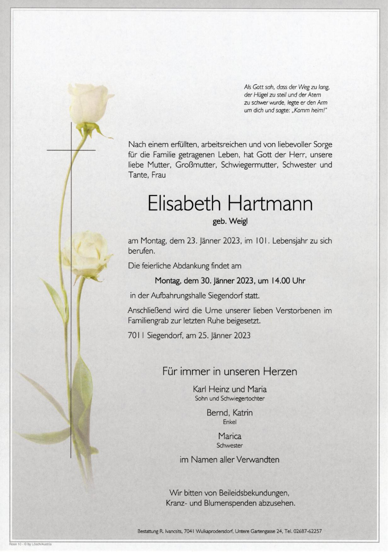 Traueranzeige von Elisabeth Hartmann