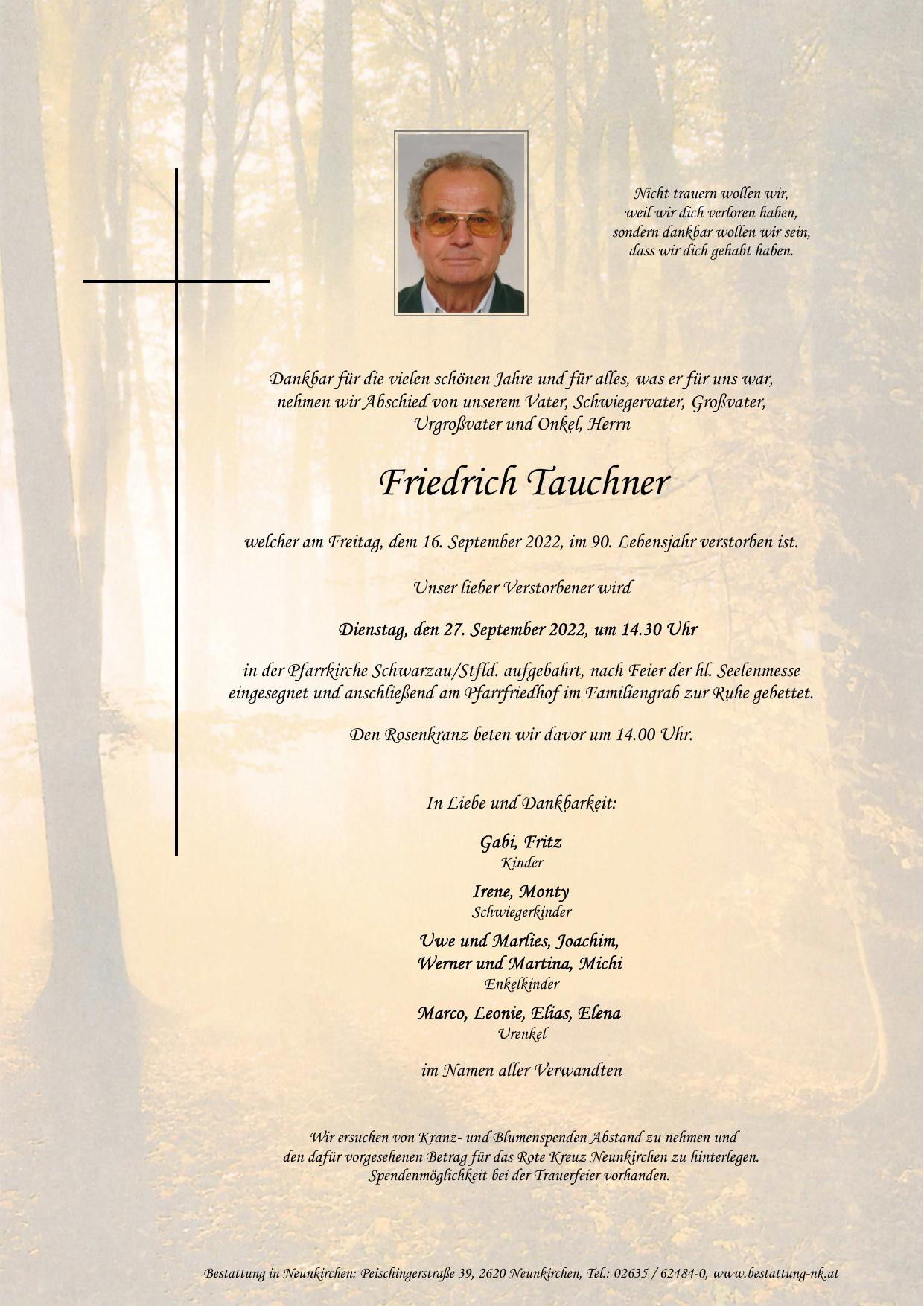 Traueranzeige von Friedrich Tauchner