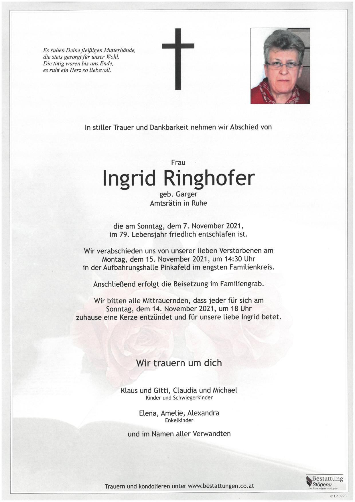 Traueranzeige von Ingrid Ringhofer