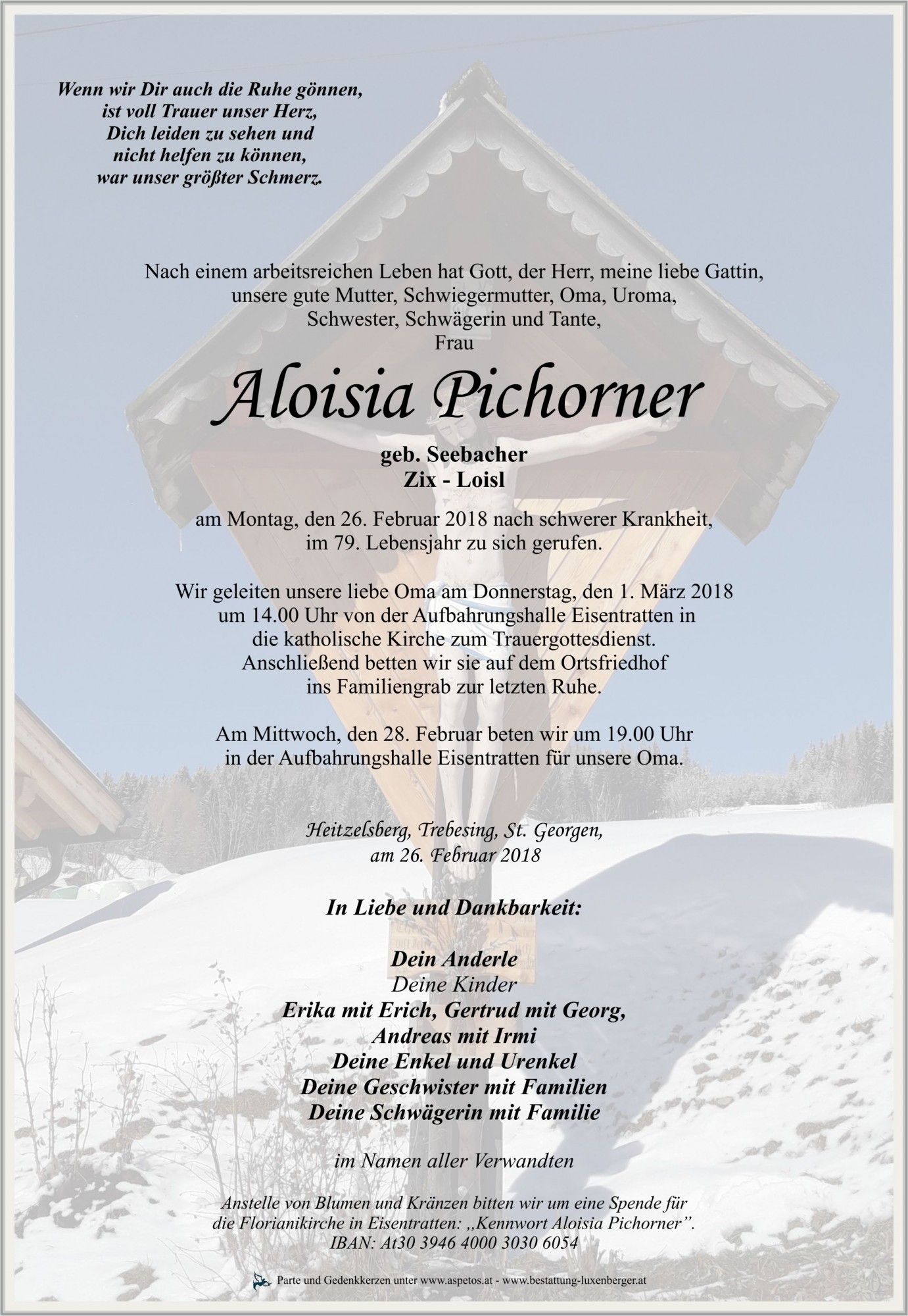 Traueranzeige von Aloisia Pichorner