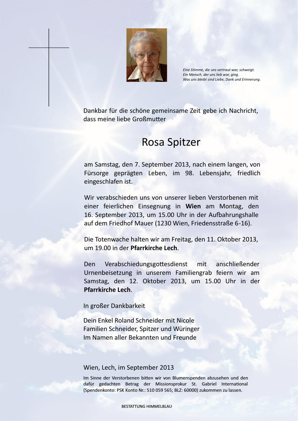 Traueranzeige von Rosa Spitzer