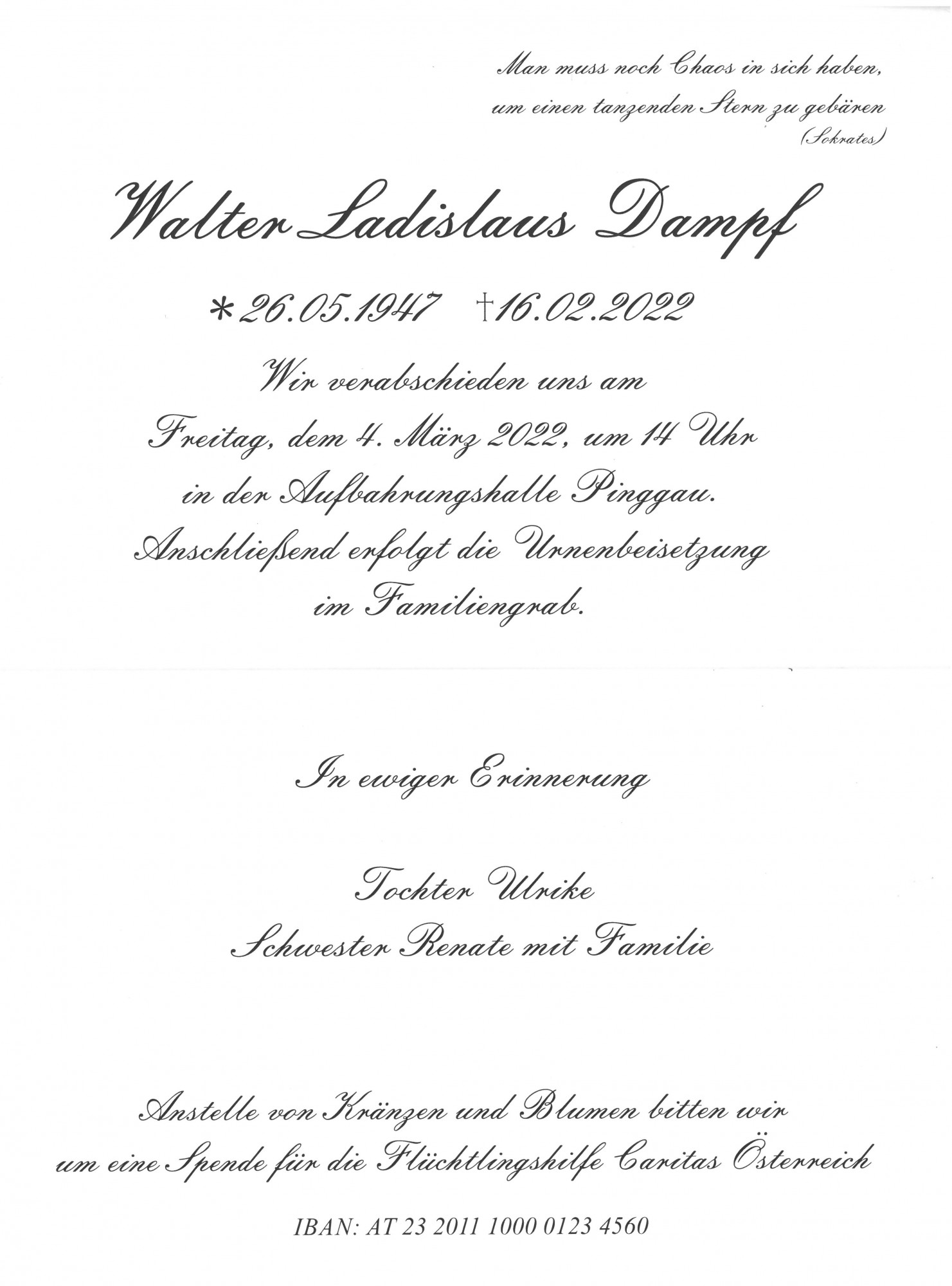 Traueranzeige von Walter Dampf