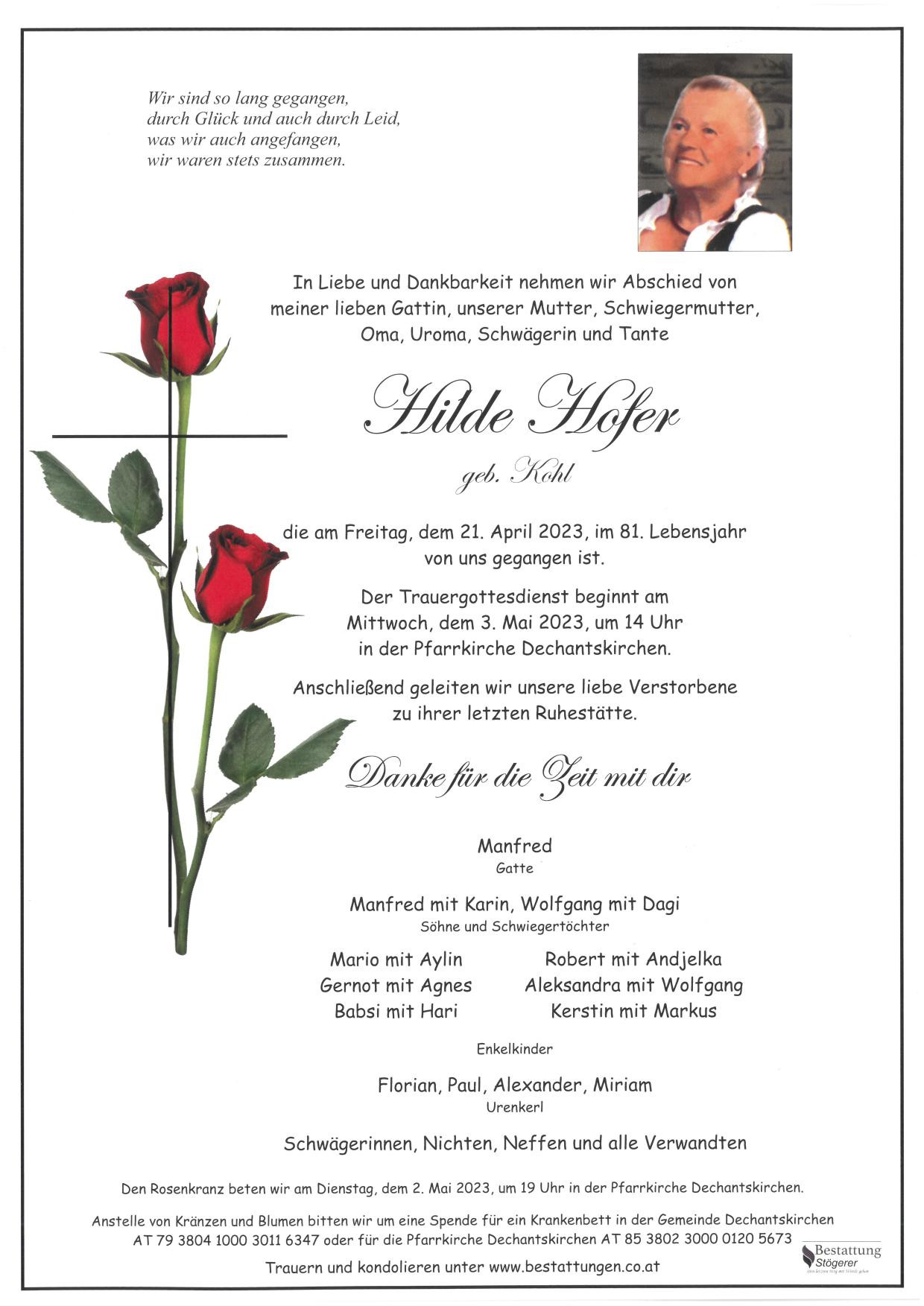 Traueranzeige von Hilde Hofer