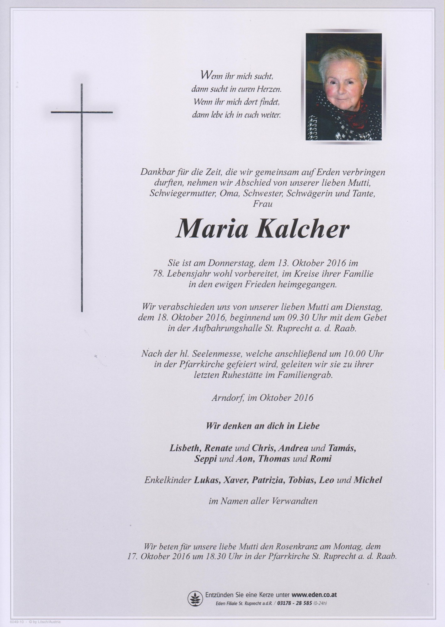 Traueranzeige von Maria Kalcher