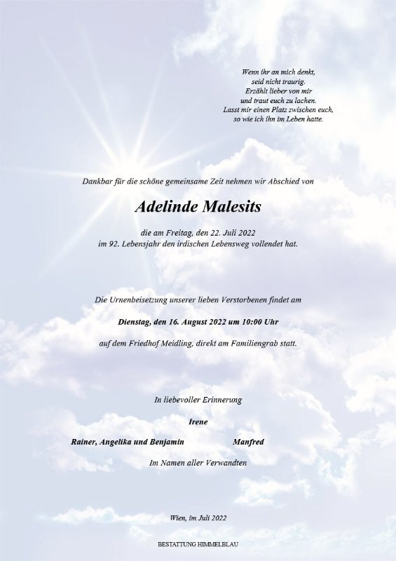 Traueranzeige von Adelinde Malesits