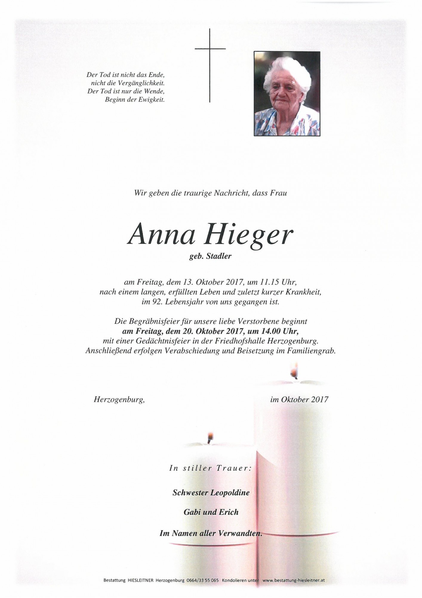 Traueranzeige von Anna Hieger