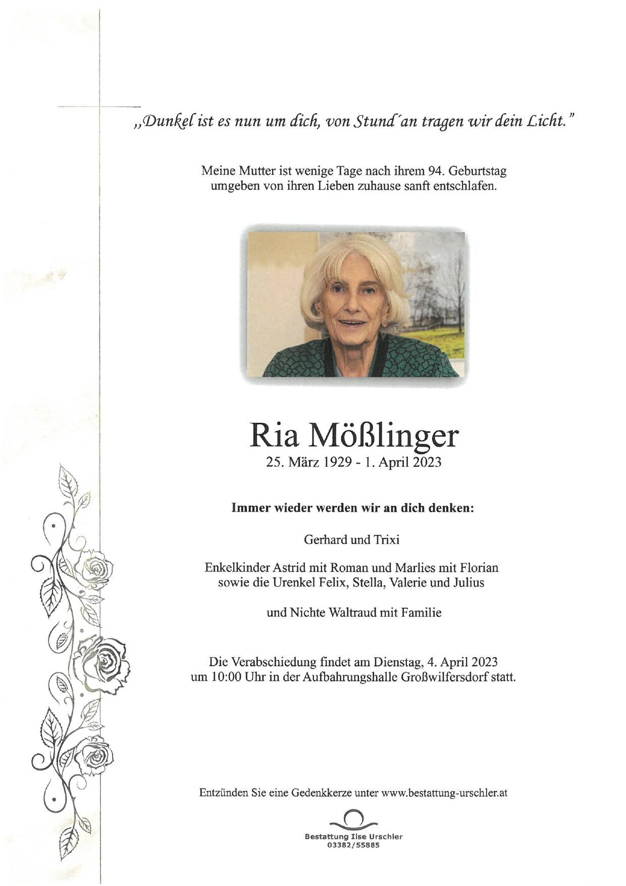 Traueranzeige von Ria Mößlinger