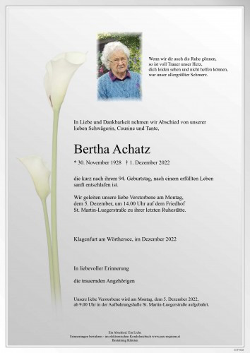 Traueranzeige von Bertha Achatz
