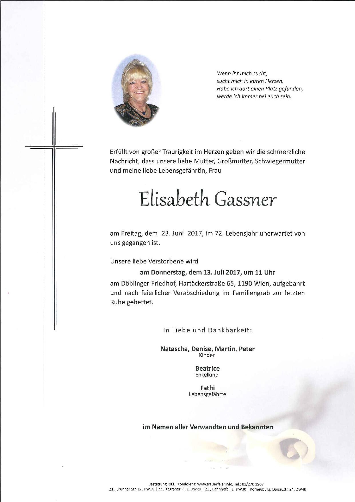 Traueranzeige von Elisabeth Gassner
