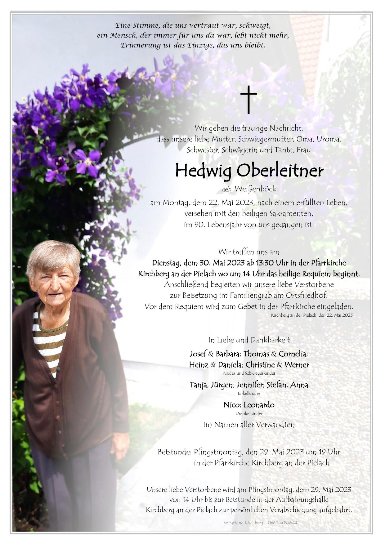 Traueranzeige von Hedwig Oberleitner