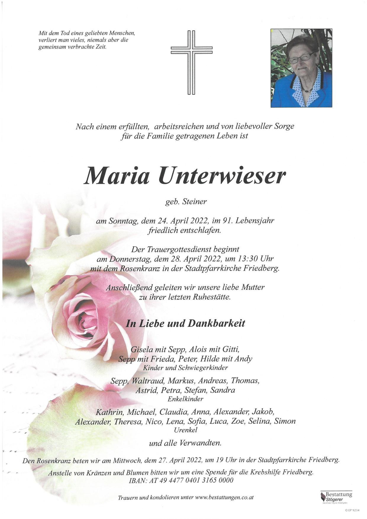 Traueranzeige von Maria Unterwieser