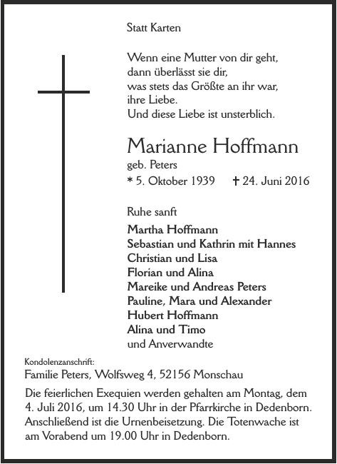 Traueranzeige von Marianne Hoffmann
