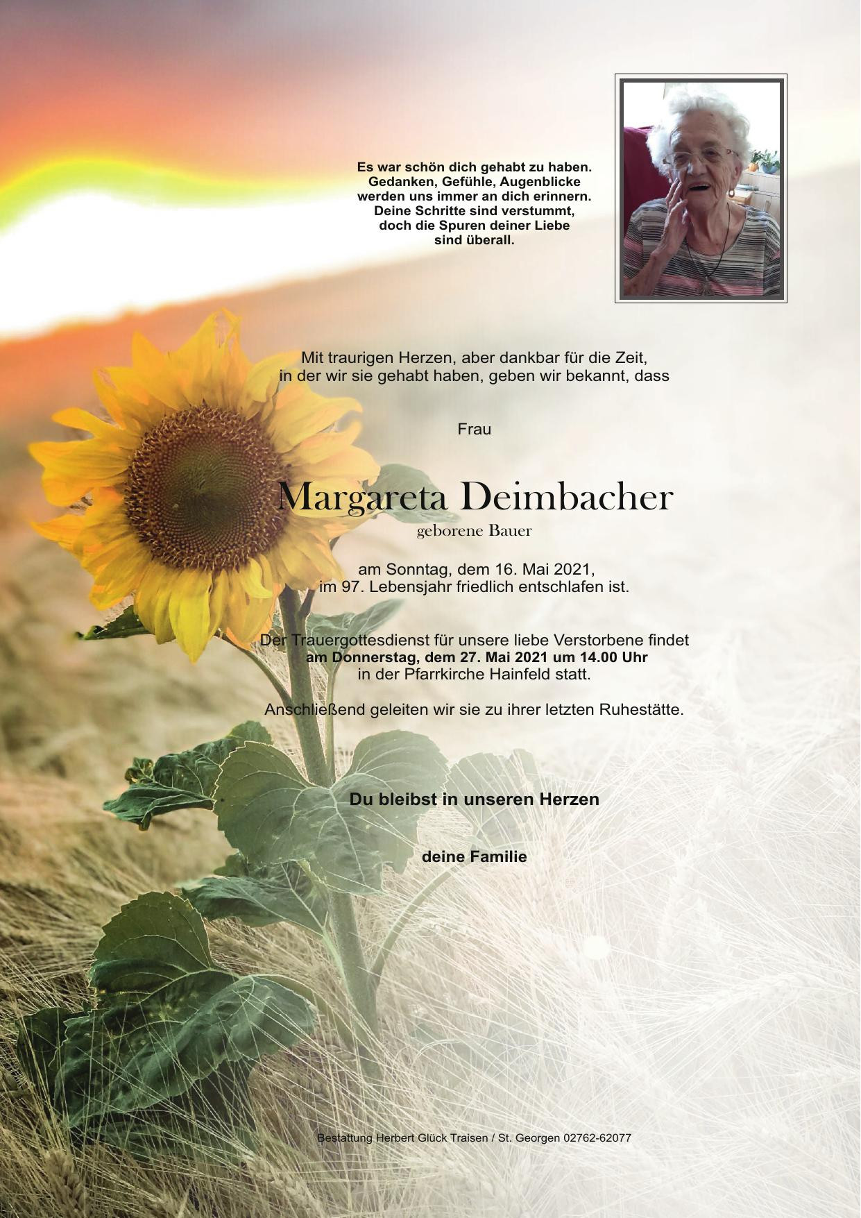 Traueranzeige von Margareta Deimbacher