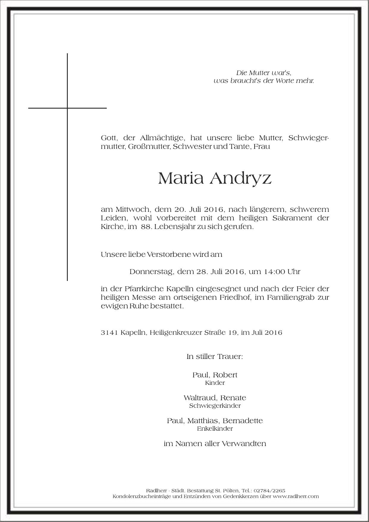 Traueranzeige von Maria Andryz