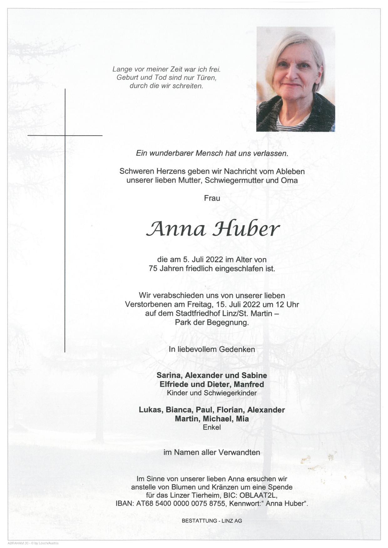 Traueranzeige von Anna Huber
