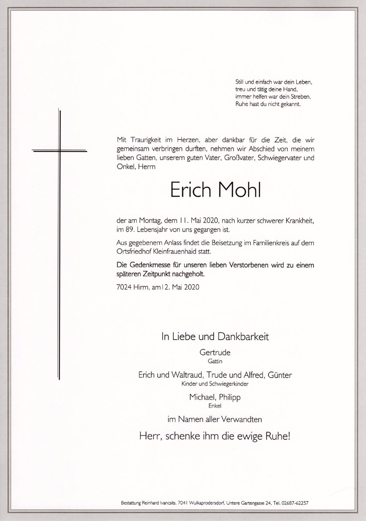 Traueranzeige von Erich Mohl
