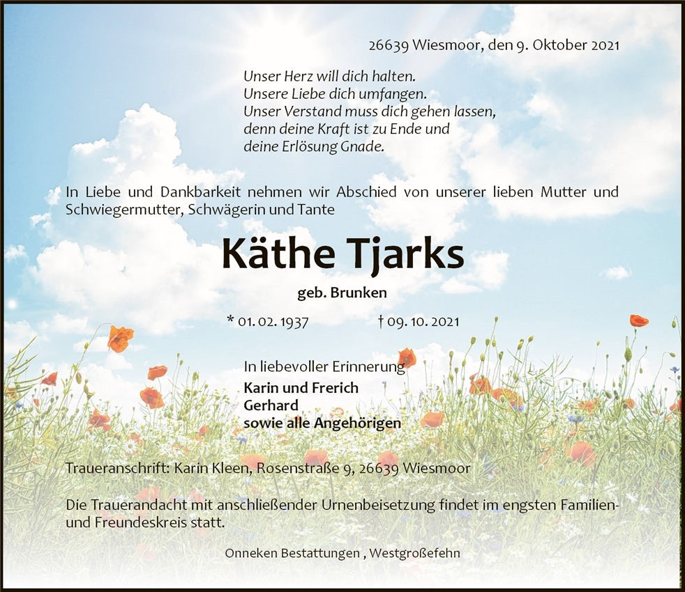 Traueranzeige von Käthe Tjarks