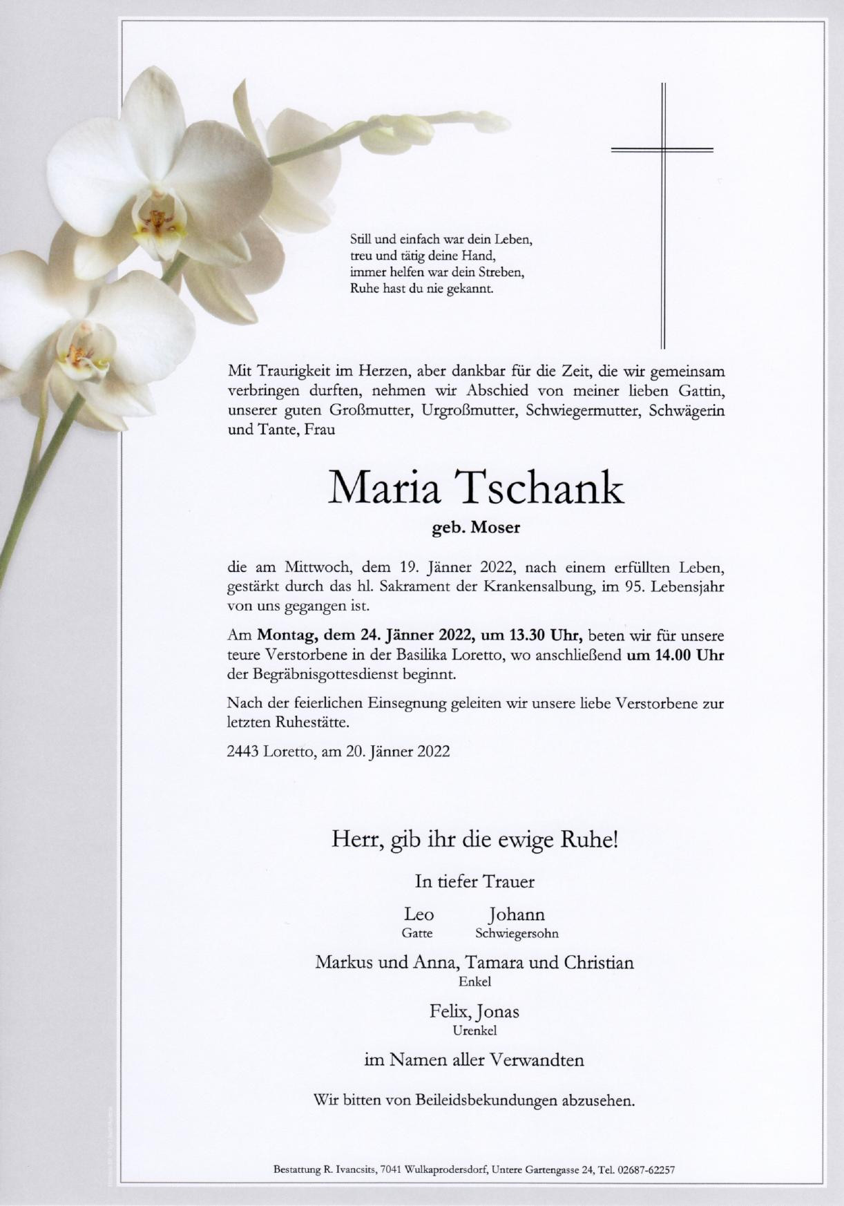 Traueranzeige von Maria Tschank