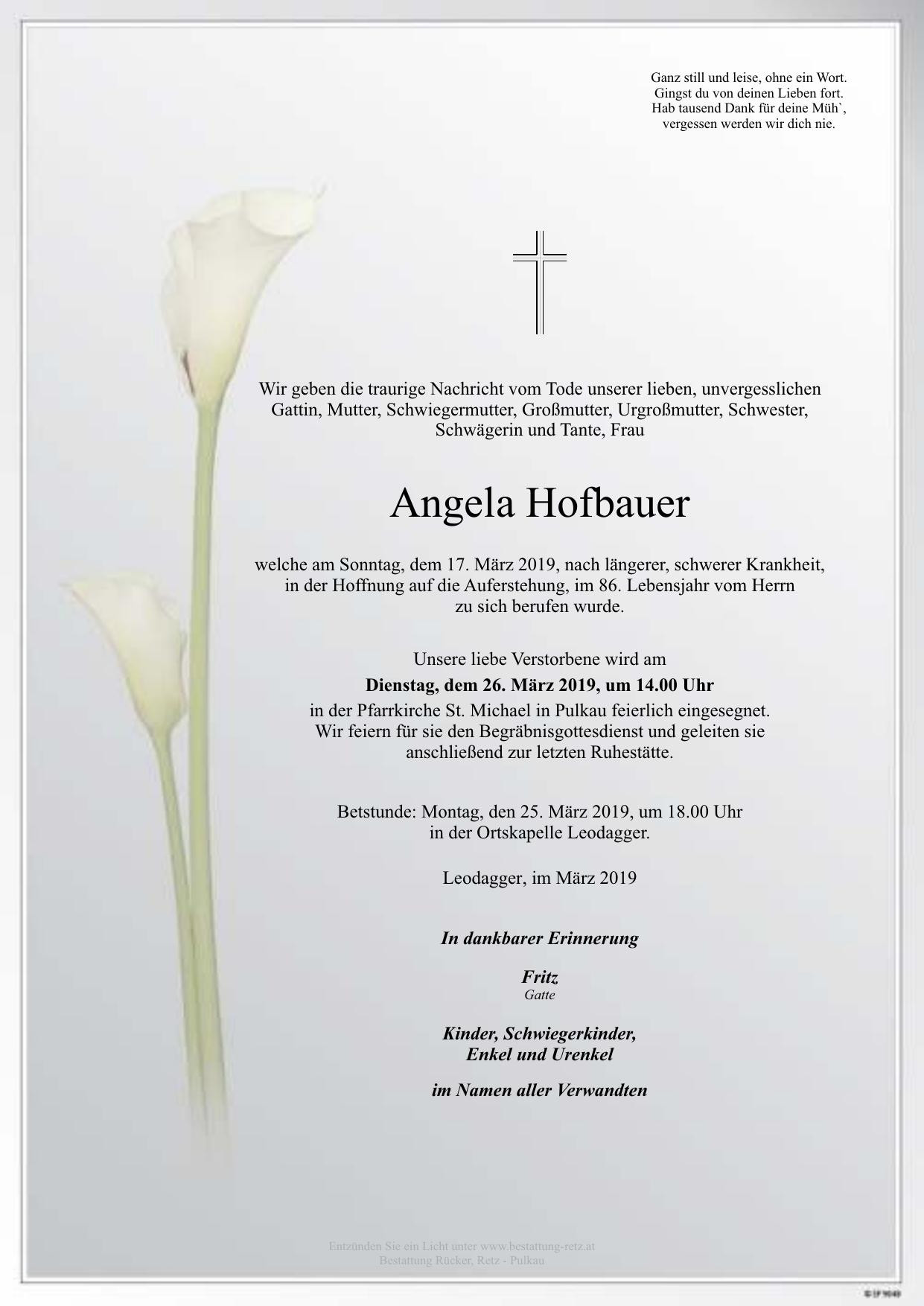 Traueranzeige von Angela Hofbauer