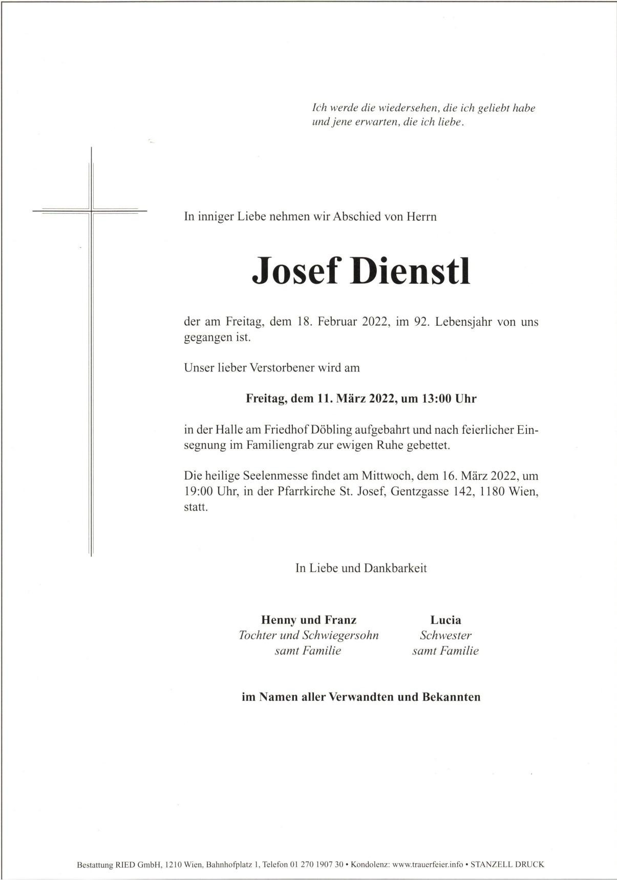 Traueranzeige von Josef Dienstl