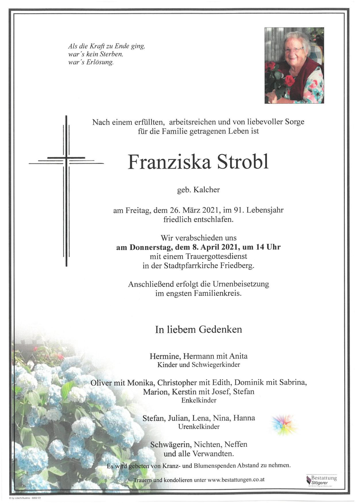 Traueranzeige von Franziska Strobl