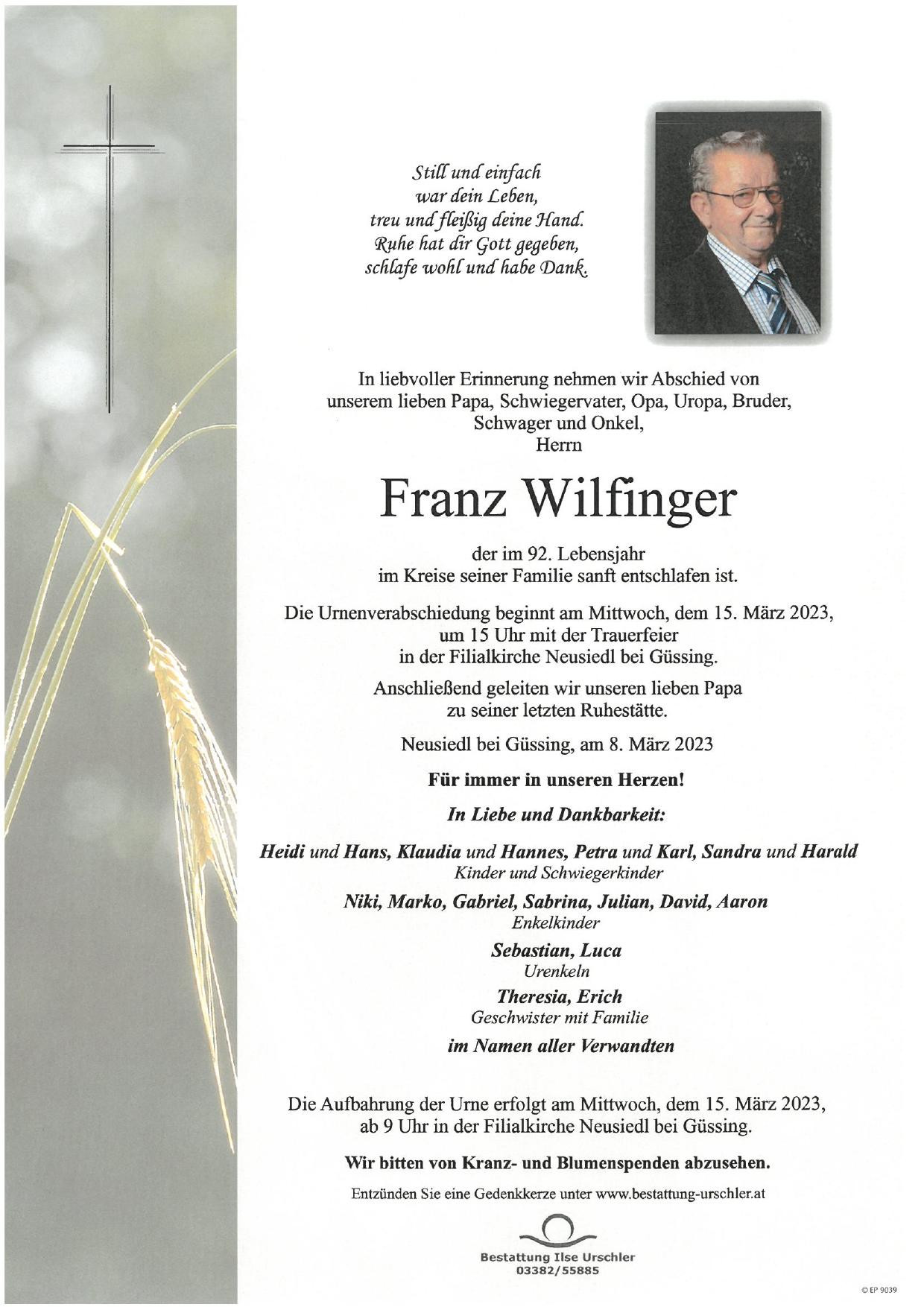 Traueranzeige von Franz Wilfinger
