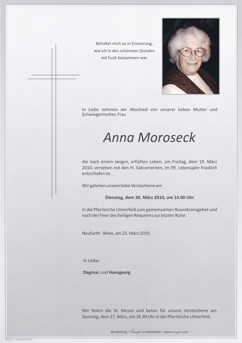 Traueranzeige von Anna Moroseck